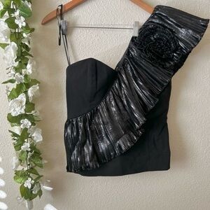 Alessandra Rich Black One Shoulder Pleated Ruffle Flower Corset Top